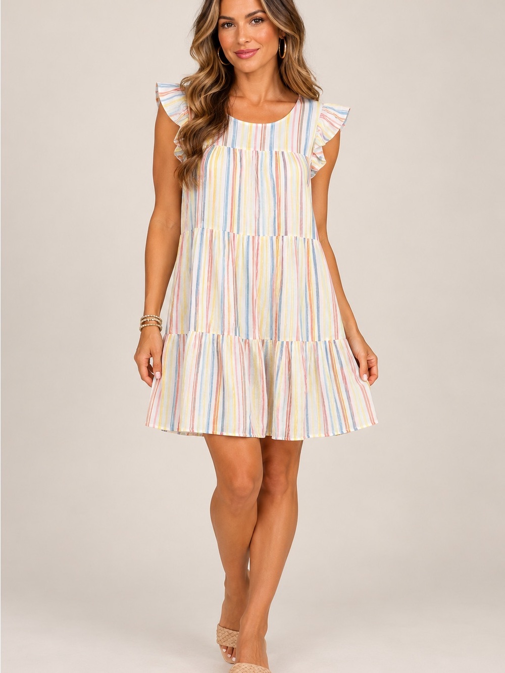 ANDREE BY UNIT Pastel Multistripe Flutter Sleeve Mini Dress